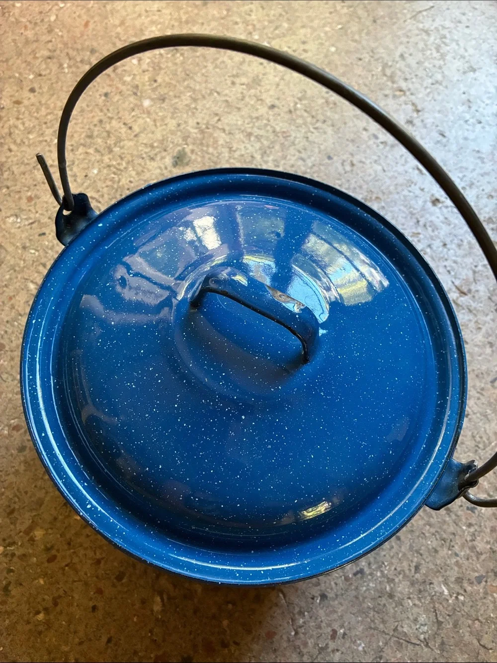 Blue Speckled Enamel Camping Pot with Lid and Bail Handle